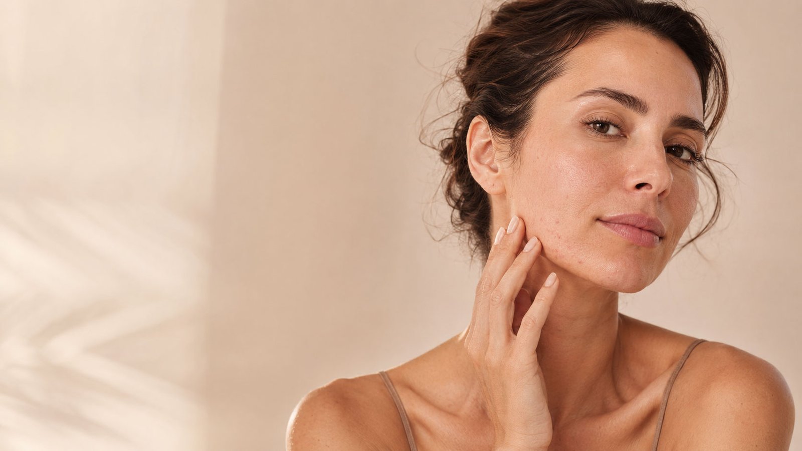 Mujer adulta con piel con brotes leves en el rostro para cuidados faciales en Glow Beauty Puerto Banús