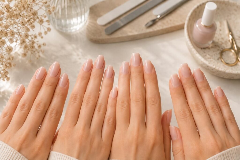 Manos con manicura nude elegante mostrando diferentes formas de uñas en Glow Beauty Puerto Banús