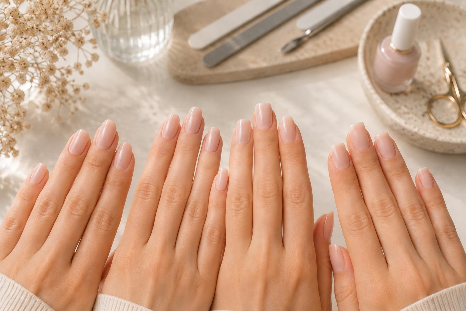 Manos con manicura nude elegante mostrando diferentes formas de uñas en Glow Beauty Puerto Banús
